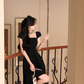 White summer dress women chic elegant square neck evening birthday party midi dress      fg6023