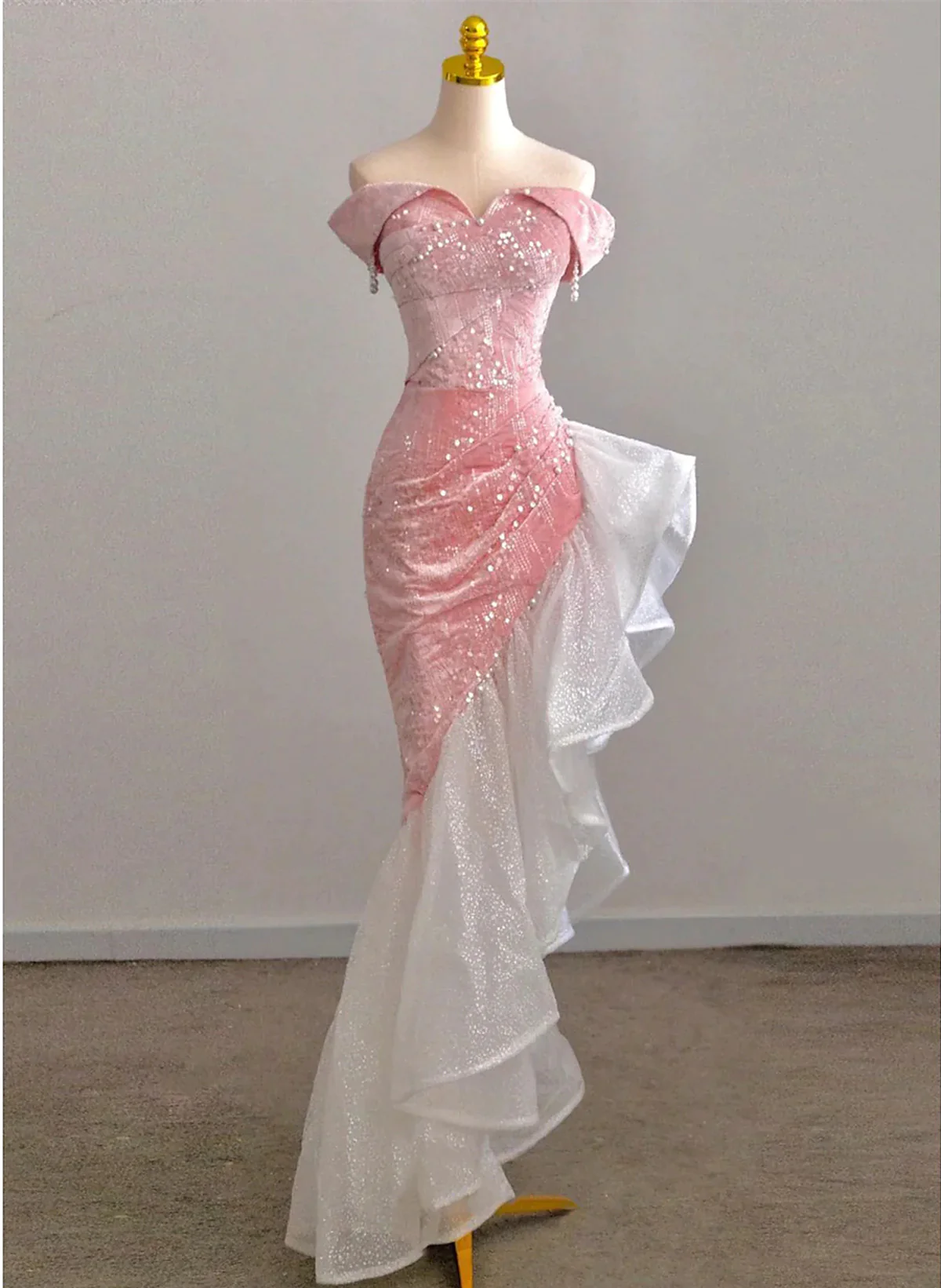 Lovely Pink Sequins Velvet High Low Prom Dress, Pink Mermaid Off The Shoulder Party Dress  fg4885