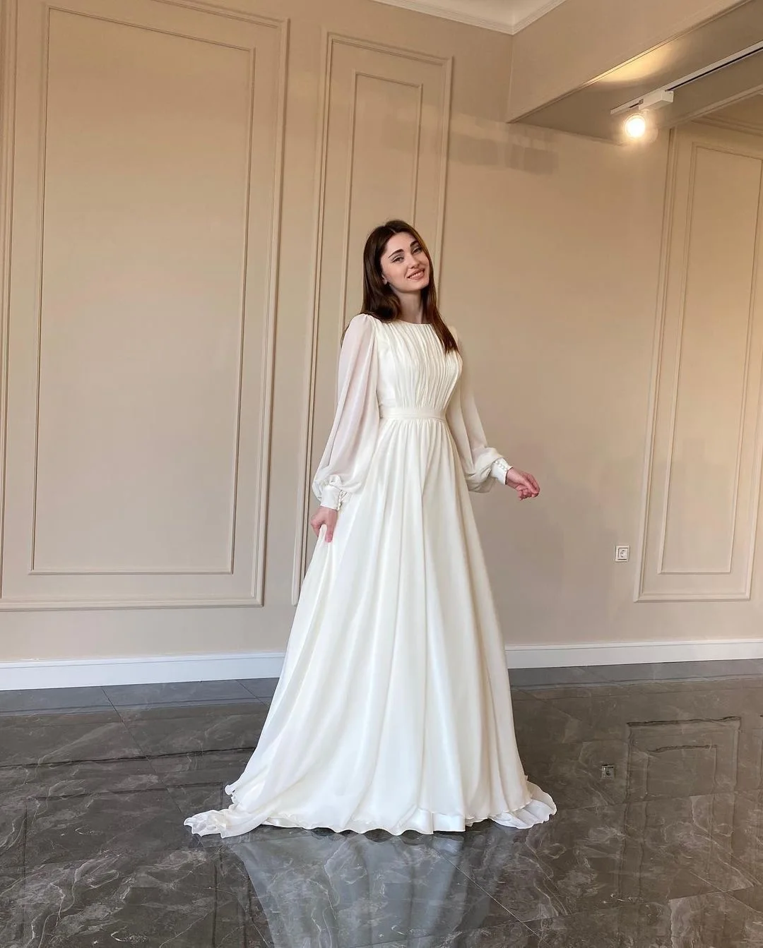 Robe longue plissée élégante à manches lanternes et col rond pour femme, tenue de soirée tendance à manches longues, fg5902
