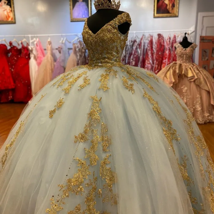Sky Blue Sexy V-Neck Ball Gown Luxury Beaded Gold Applique Quinceanera formalgowns Sky Blue Sexy V-Neck Ball Gown Luxury Beaded Gold Applique Quinceanera formalgowns