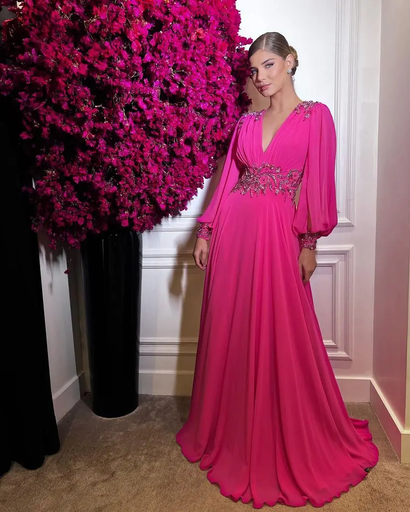 Fuchsia Chiffon Prom Dresses Simple Evening Dress Long Puff Sleeves V formalgowns Fuchsia Chiffon Prom Dresses Simple Evening Dress Long Puff Sleeves V formalgowns