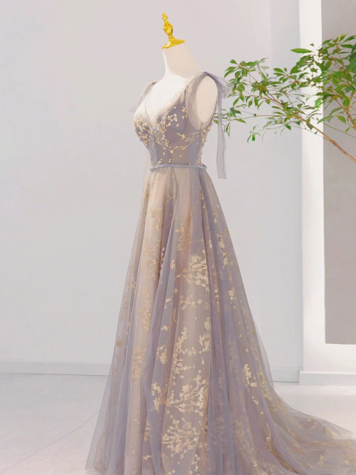 A Line V Neck Gray Floral Long Prom Dresses, V Neck Gray Long Floral Formal Bridesmaid Dresses