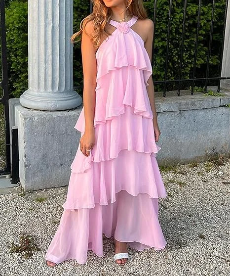 Pink A-line Tiered Prom Dress,Pink Backless Evening Dress    fg4539