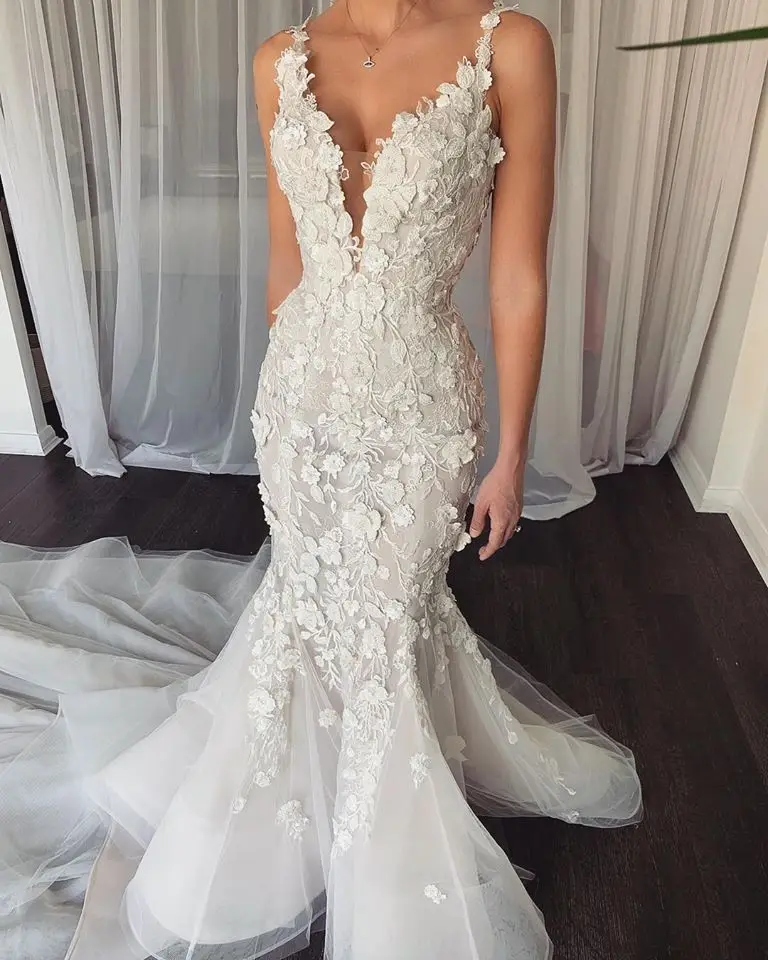 Gorgeous Mermaid Wedding Dresses 3D Floral Appliqued Sweep Train Country Bridal Gowns       fg4600