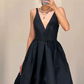 Schwarzes rückenfreies kurzes Ballkleid aus Satin mit V-Ausschnitt, offenes Rückendekolleté mit V-Ausschnitt, kurzes schwarzes formelles Abendkleid für die Heimkehr und den Abschluss fg6031