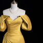 A-Line Off Shoulder Satin Gold Long Prom Dress, Gold Long Evening Dress       fg6085