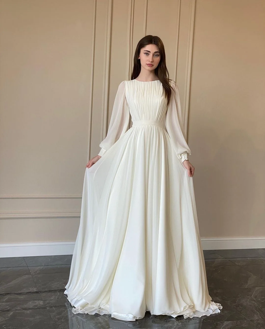 Robe longue plissée élégante à manches lanternes et col rond pour femme, tenue de soirée tendance à manches longues, fg5902