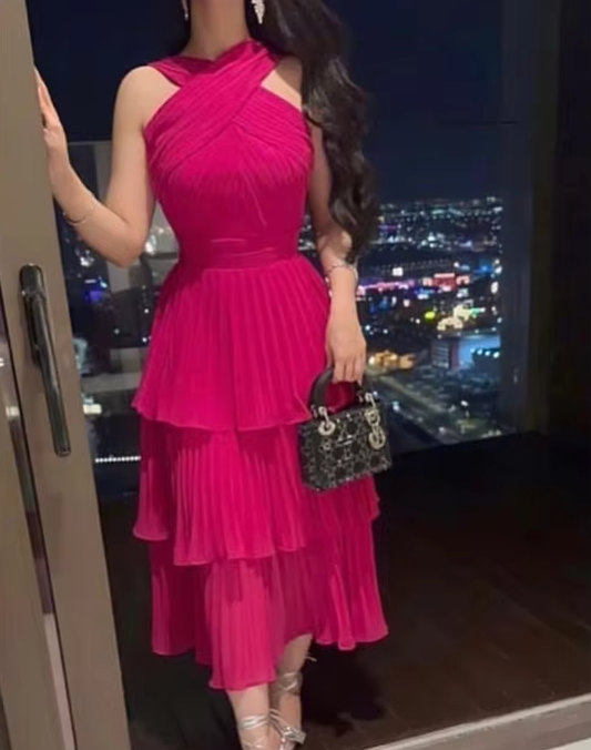 Fuchsia langes plissiertes Abendkleid, Cocktailkleid, Kleid für besondere Anlässe fg6053