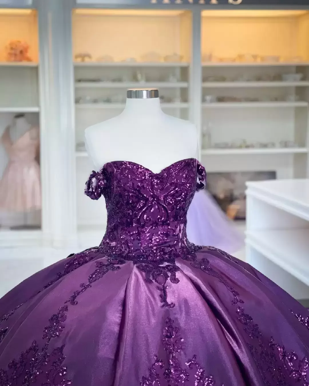 Dark Purple Ball Gown Quinceanera Dresses Bling Sequined Applique Off Dark Purple Ball Gown Quinceanera Dresses Bling Sequined Applique Off