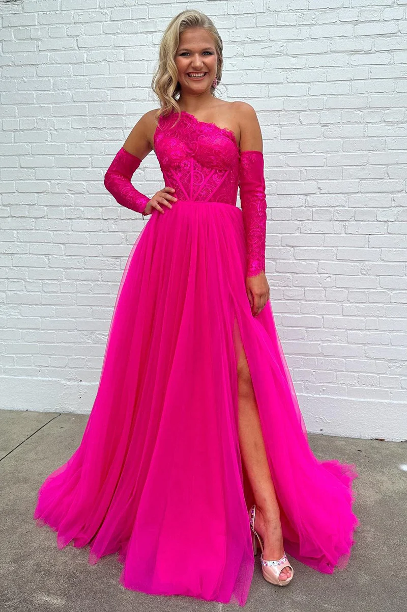 A-line One Shoulder Lace Tulle Prom Dress with Slit      fg4741