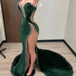 Hunter Green Velvet Prom Dresses African aso ebi Mermiad Evening Dress With Cape Slit Spaghetti Sparkly Beaded    fg2901