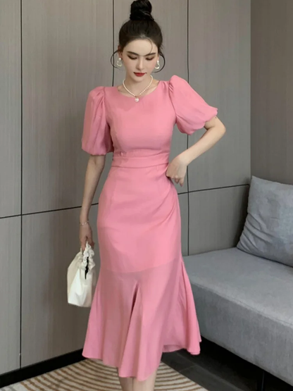 Classy Pink Puff Sleeves Mid-length Prom Dress,Pink Evening Dress fg4680 Classy Pink Puff Sleeves Mid-length Prom Dress,Pink Evening Dress fg4680