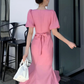 Classy Pink Puff Sleeves Mid-length Prom Dress,Pink Evening Dress    fg4680