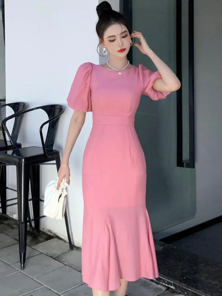 Classy Pink Puff Sleeves Mid-length Prom Dress,Pink Evening Dress    fg4680