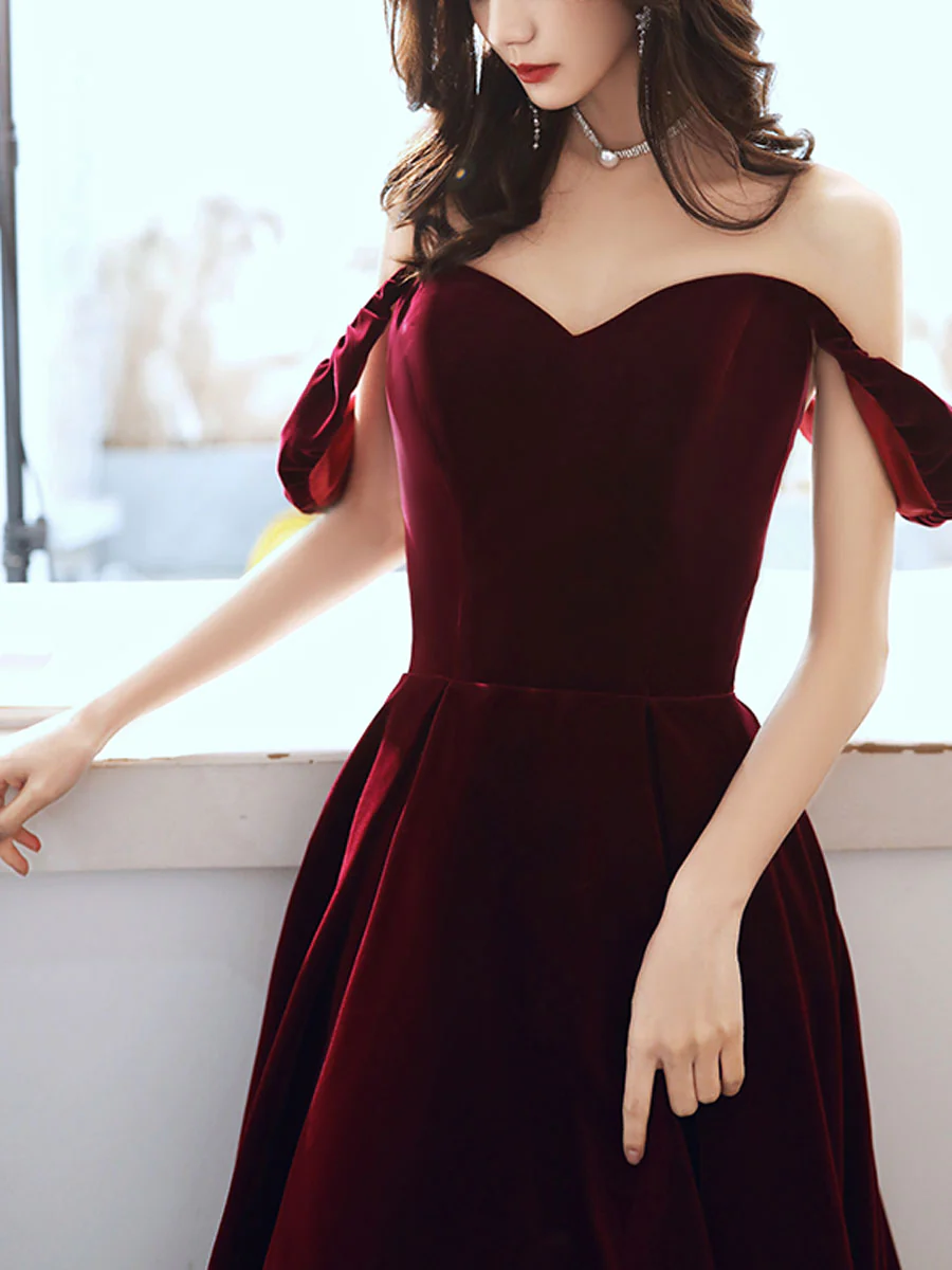 Simple Velvet Tea Length Prom Dresses, Burgundy Velvet Evening Dresses      fg5033