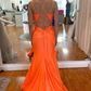 Orange Mermaid Prom Dress with Double Spaghetti Straps and Side Slit      fg4724