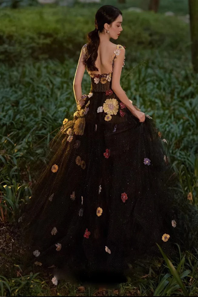 A Line Black Tulle Prom Dress With Flowers Puffy Quinceanera Dresses f – formalgowns