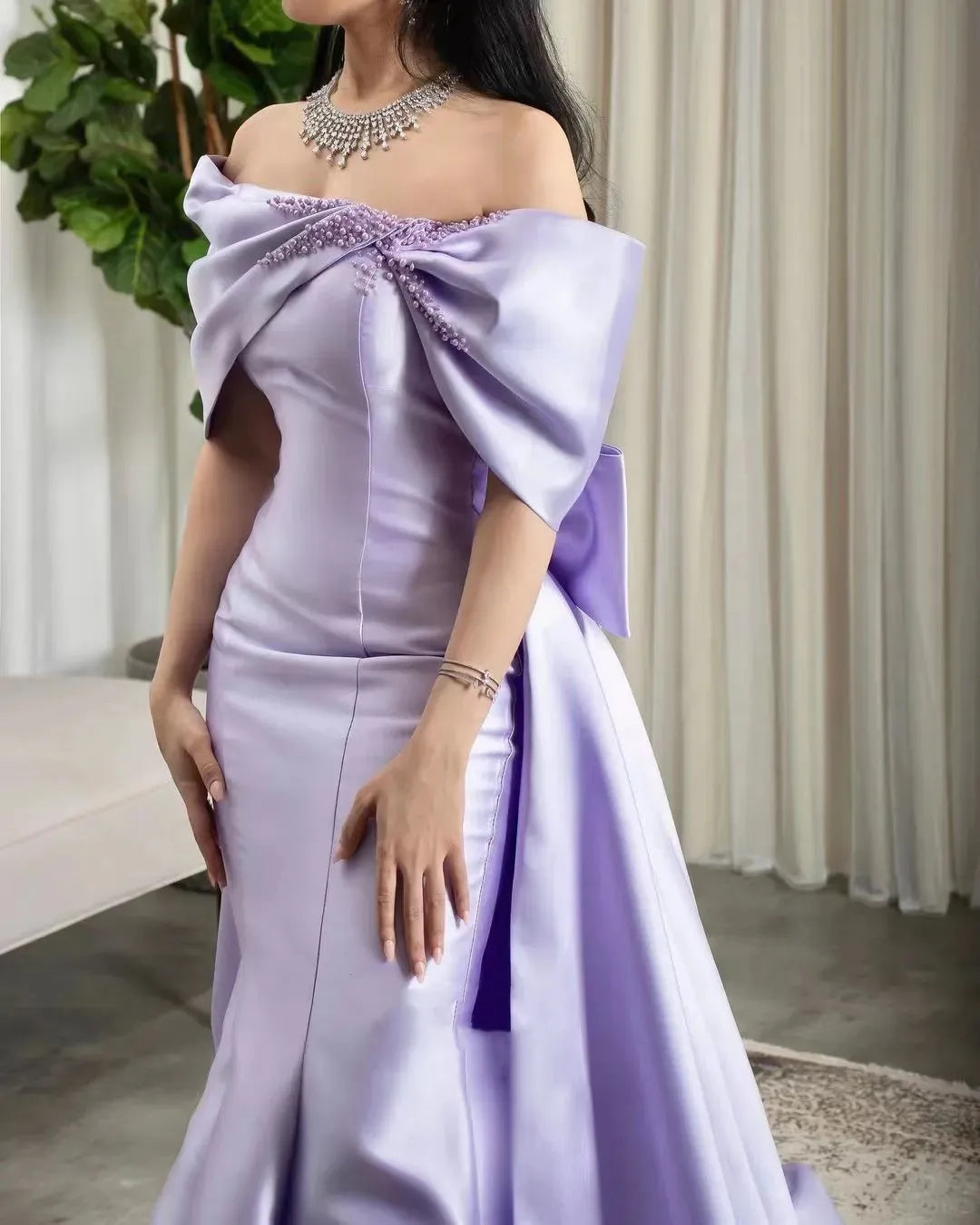 Lilac Pearls Evening Birthday Dress 2024 Off-The-Shoulder Mermaid Swee – formalgowns
