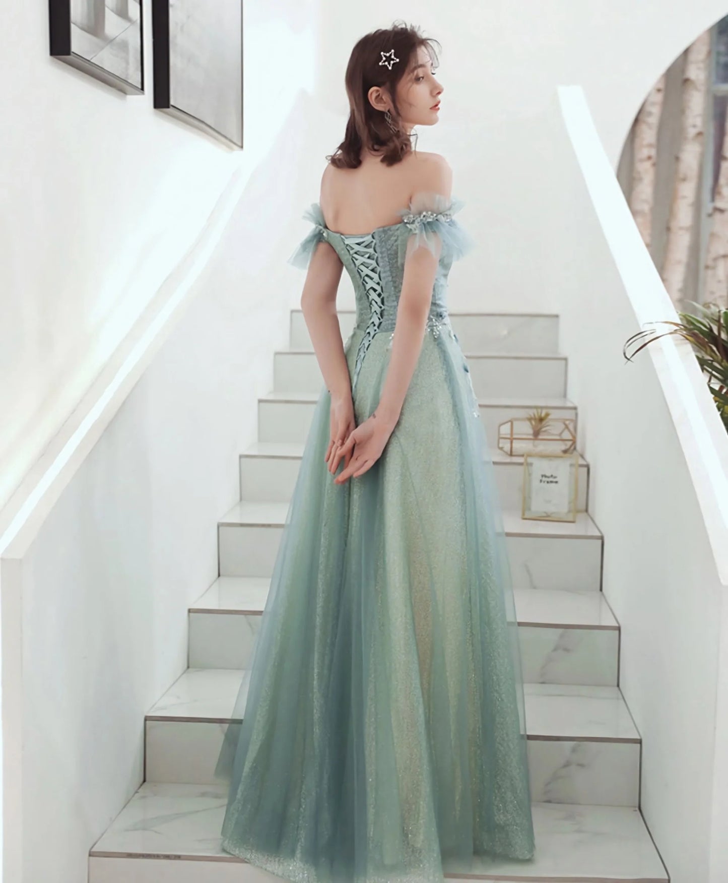 Green Tulle Lace Long Prom Dress, Green Tulle Formal Dress        fg4189