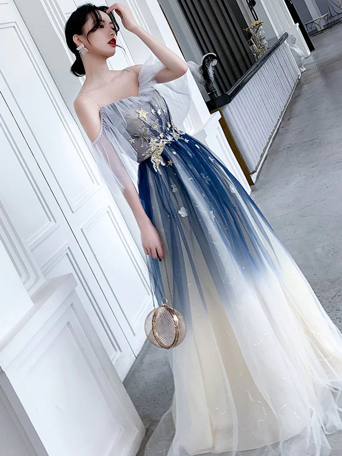 Blue Aline tulle long prom dress blue tulle formal dress     fg4007