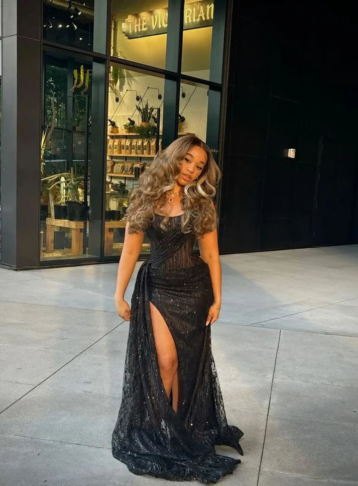 Black long prom dress with Slit ,strapless evening dress fg6766 formalgowns Black long prom dress with Slit ,strapless evening dress fg6766 formalgowns