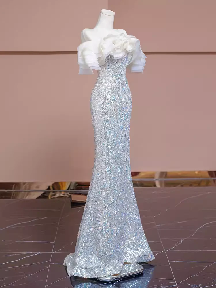 Mermaid Off The Shoulder Sequin Long Evening Dress Beads Prom Dress  fg8578