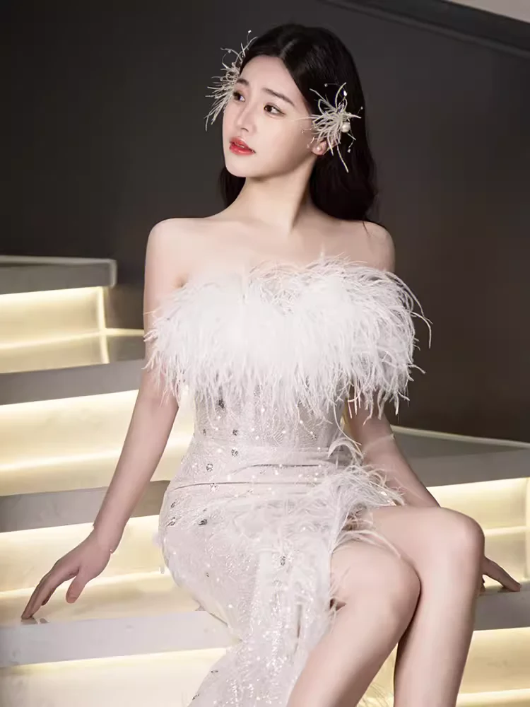 Mermaid Strapless Sequin Beads Long Evening Dress Slit Prom Dresses With Feathers  fg8585