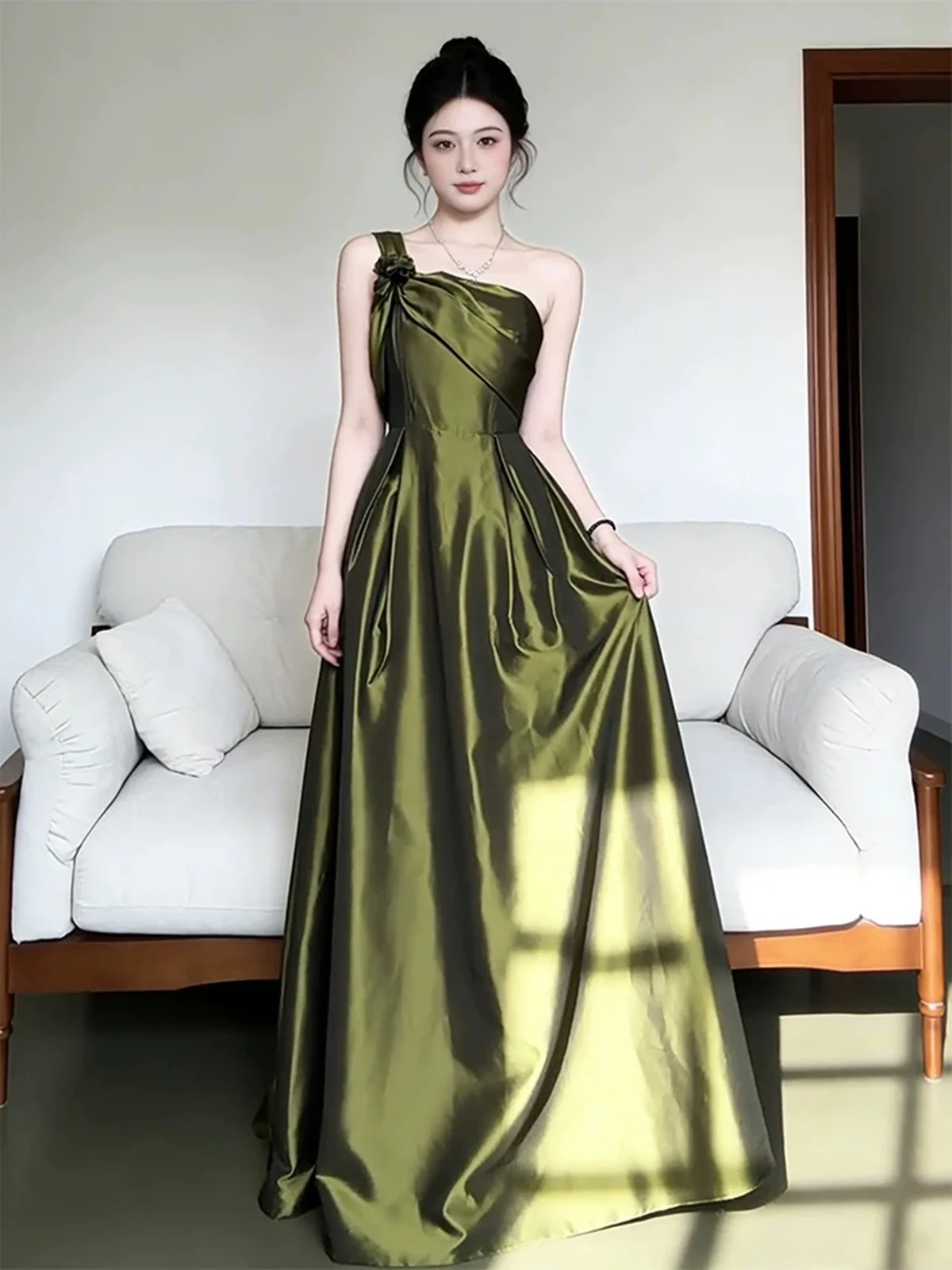 Elegant Olive Green One Shoulder Satin Prom Dress, Vintage-Inspired A-Line Formal Dress fg8718