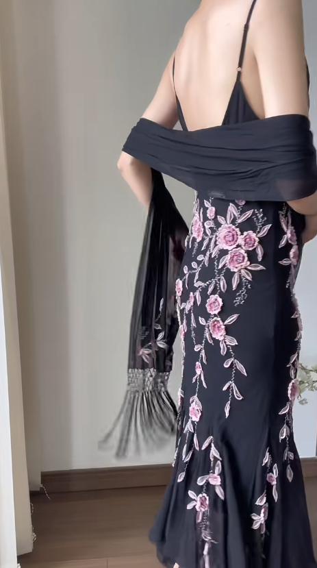 Chiffon Black Prom Party Dress With 3D Flowers Vintage Flora Evening Dress  fg8698