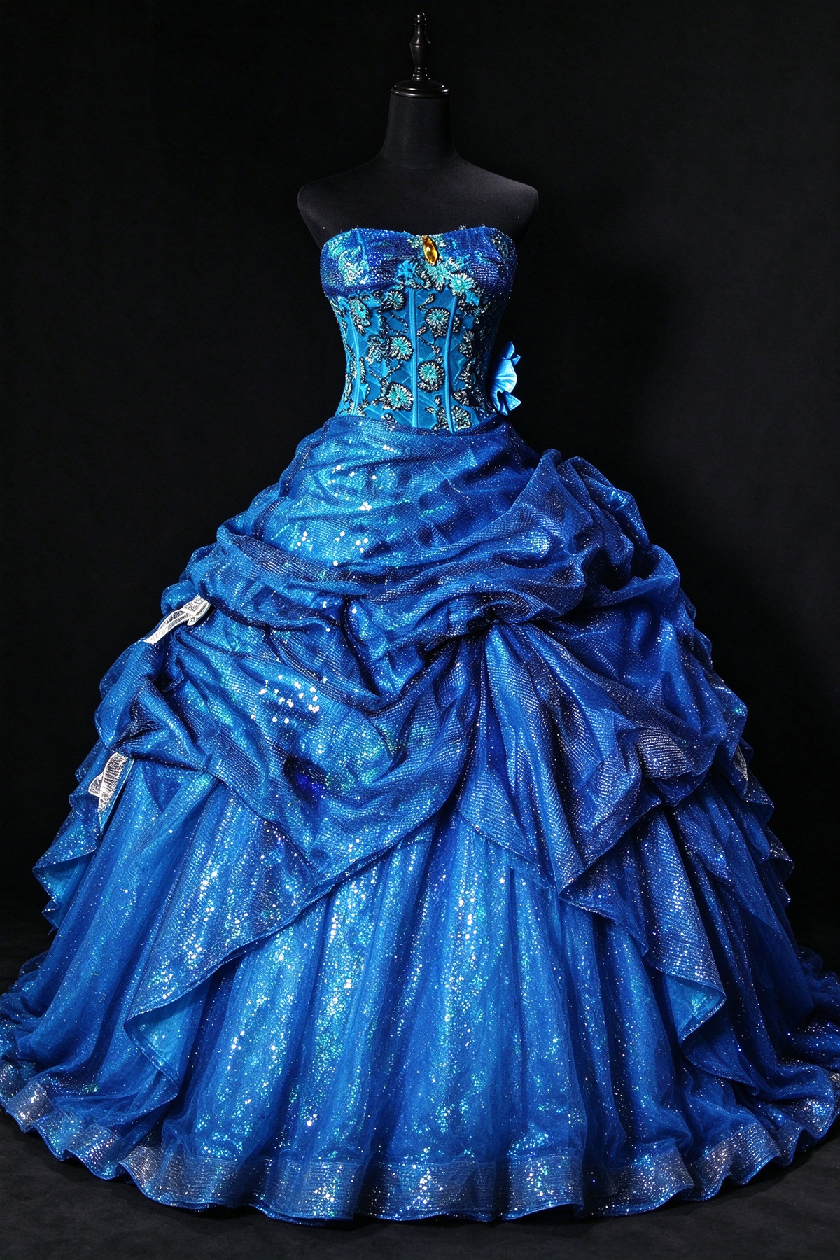 Strapless Corset Sparkly Tulle Ball Gown with Floral Embroidery & Bows fg8948