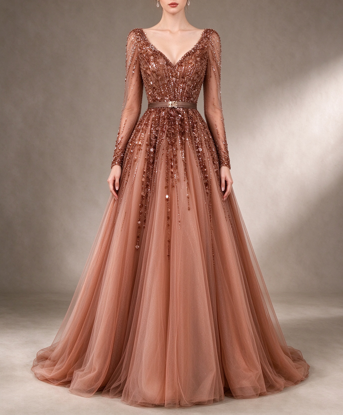 Dusty Rose V-Neck Long Sleeve A-Line Tulle Evening Gown With Heavy Beading & Low Back fg8991