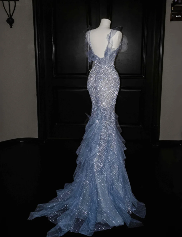 Blue Mermaid Sparkle Prom Party Dress Luxurious Evening Dress fg8670