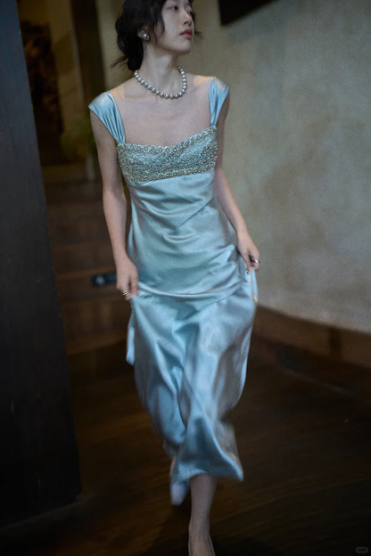 Elegant Blue A Line Straps Beaded Satin Long Prom Dress Evening  Dress fg8690