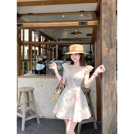 French-style floral dress with flutter sleeves for women  A131