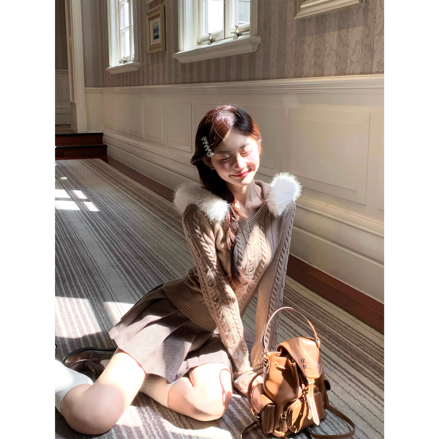 Brown hooded cable knit sweater with fur collar for young girls  A156