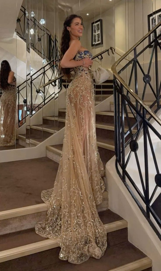 Champagne Tulle Beaded Prom Party Dress Evening Dress Birthday Outfit fg8471