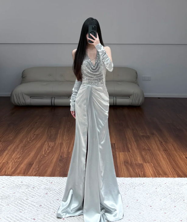 V Neck Satin Prom Party Dress Mermaid Sparkling Evening Dress Graduation Dress fg8701