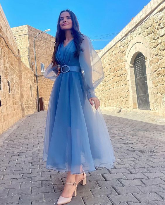 Robe de soirée mi-longue bleue, robe de bal fg3576
