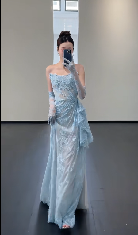 Blue Lace Mermaid Long Prom Dress Sexy Evening Dresses With Side Split   fg7665