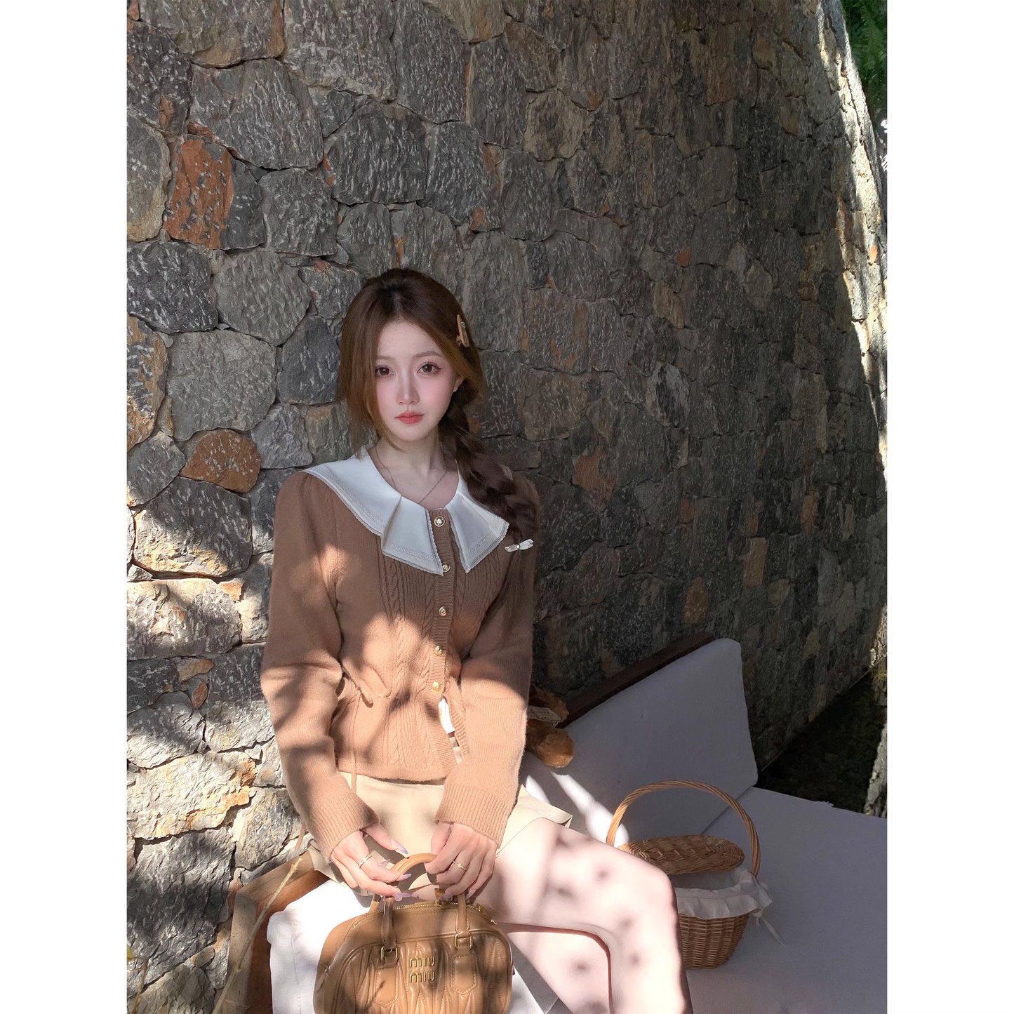 Retro brown cable knit cardigan for women  A119