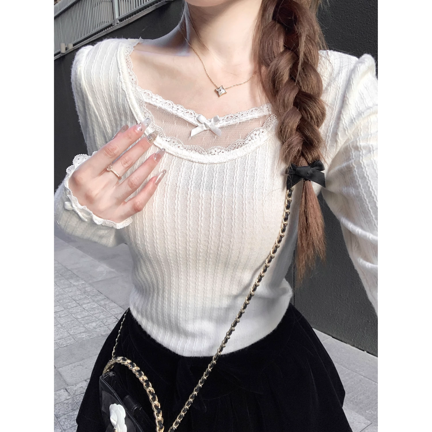 French-style lace base layer top for women slim fit  A45