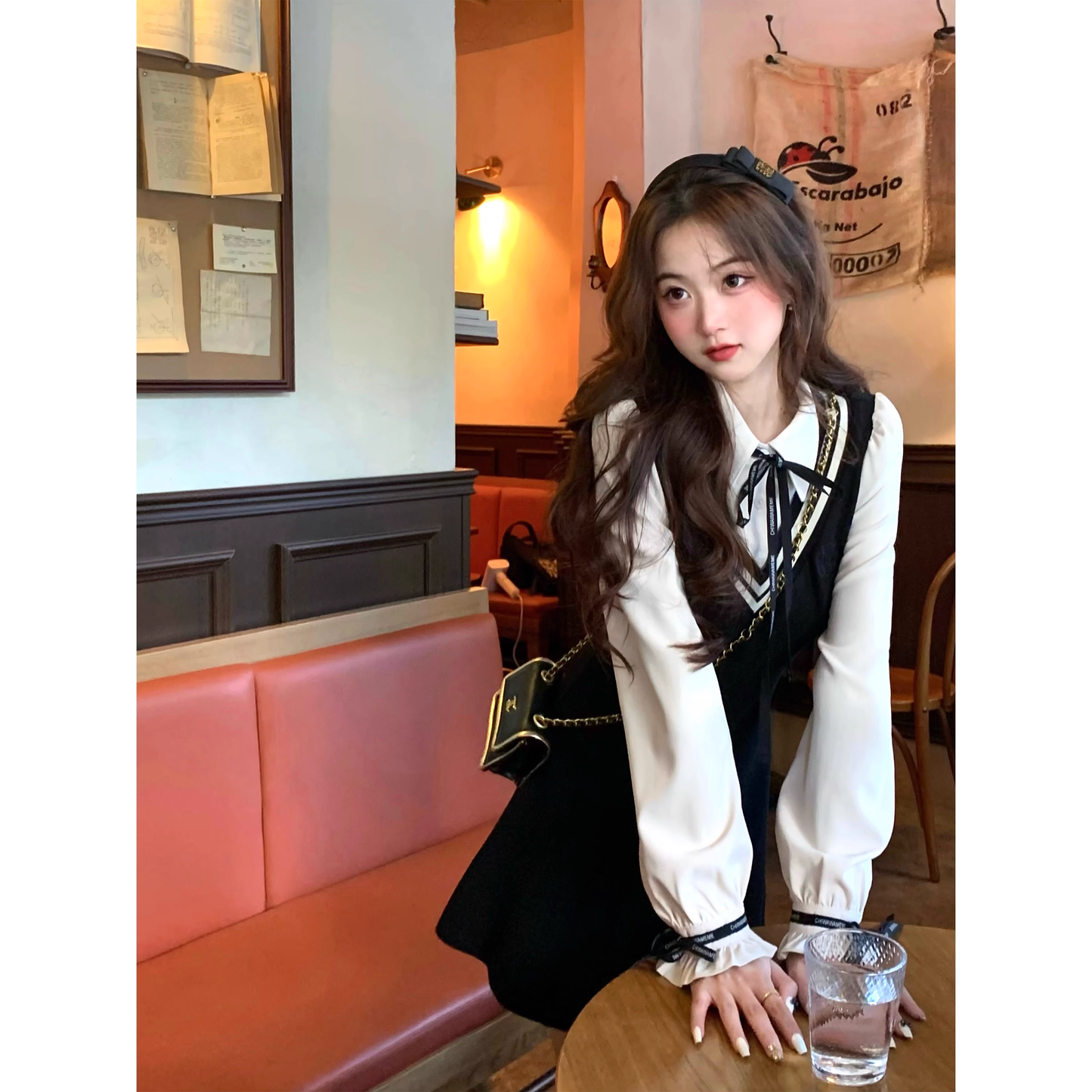 Faux two-piece shirt long-sleeved black dress  A10