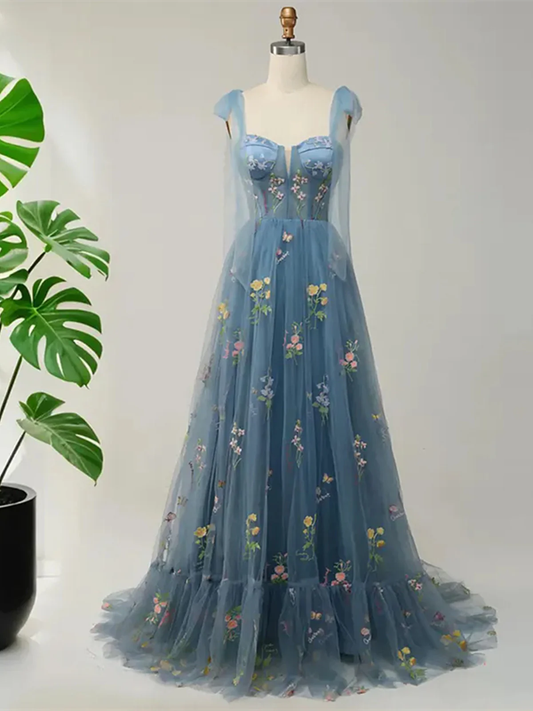 Blue Floral Embroidery Tulle Prom Dress, A-Line Fairy Gown Blue Party Dress  fg8741
