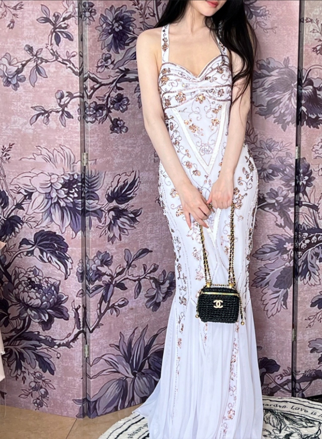 White Mermaid Long Prom Dress Beaded Vintage Evening Dress fg8255