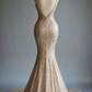 Champagne Mermaid Deep V Neck Tulle Sequin Beaded Long Prom Dress Sexy Evening Dress  fg8571