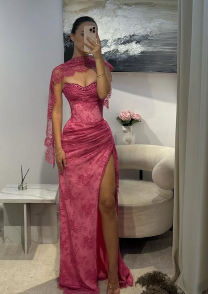 Pink Lace Prom Dress Sweetheart Neck Evening Dress With Slit fg8226 formalgowns Pink Lace Prom Dress Sweetheart Neck Evening Dress With Slit fg8226 formalgowns