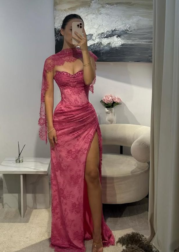 Pink Lace Prom Dress Sweetheart Neck Evening Dress With Slit fg8226 formalgowns Pink Lace Prom Dress Sweetheart Neck Evening Dress With Slit fg8226 formalgowns