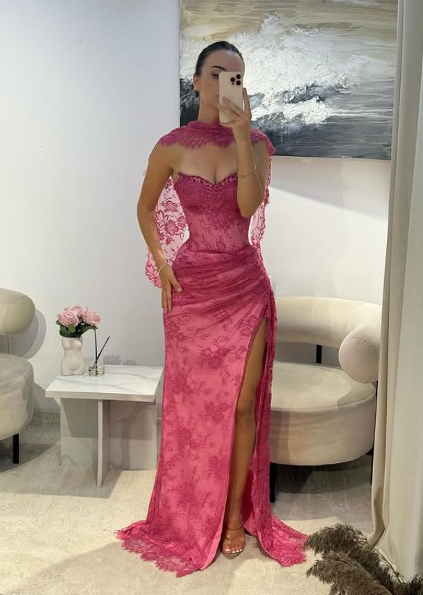 Pink Lace Prom Dress Sweetheart Neck Evening Dress With Slit fg8226 formalgowns Pink Lace Prom Dress Sweetheart Neck Evening Dress With Slit fg8226 formalgowns