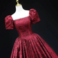 Vintage Square Neck Wine Red Prom Gown, Short Sleeves Evening Dress Party Dress  fg8725