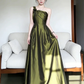 Elegant Olive Green One Shoulder Satin Prom Dress, Vintage-Inspired A-Line Formal Dress fg8718